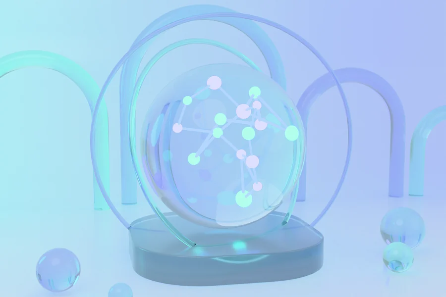 A glass sphere holding a glowing network of connected points, on a glass plinth