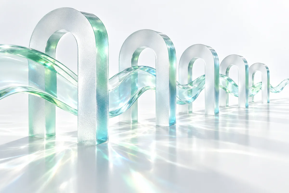 A clear glass ribbon connecting five translucent architectural portals